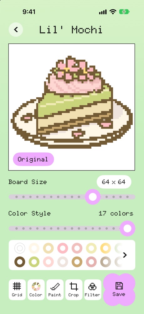 BeadClover showing a matcha cake photo turned into a 64 by 64 bead pattern with 17 colors