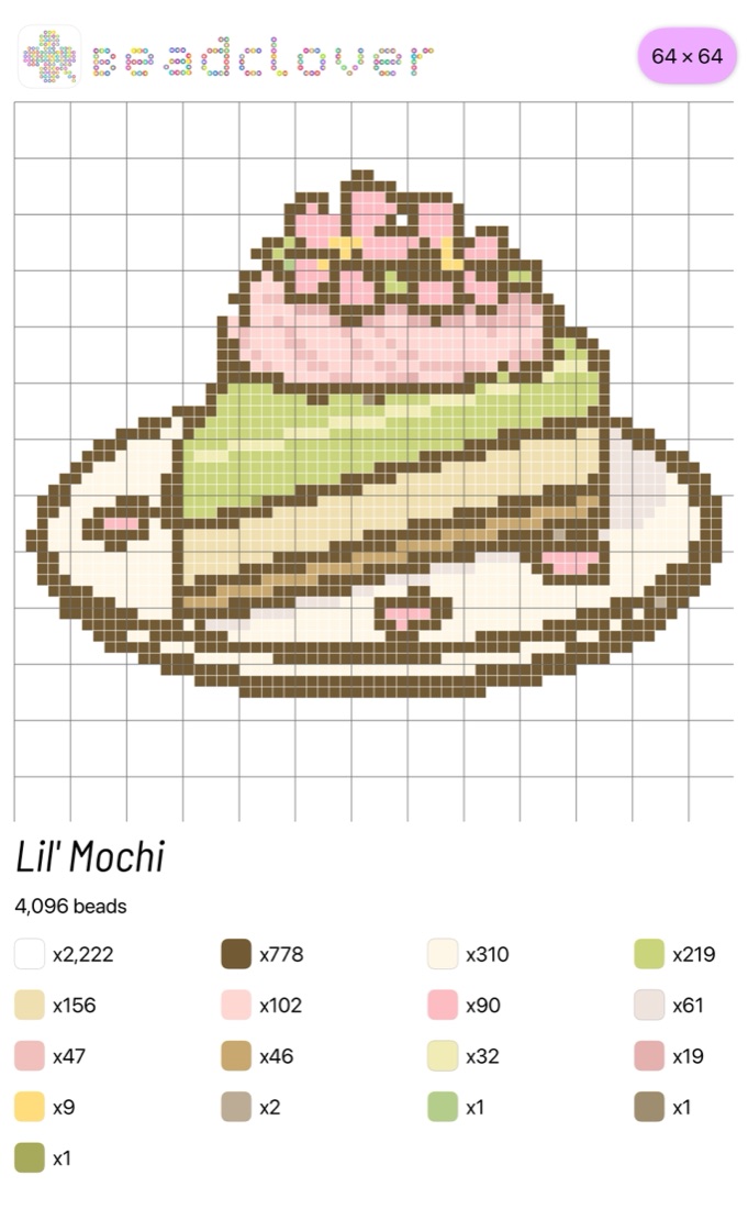 A printable BeadClover pattern sheet: the cake on a grid, with a count for each bead color
